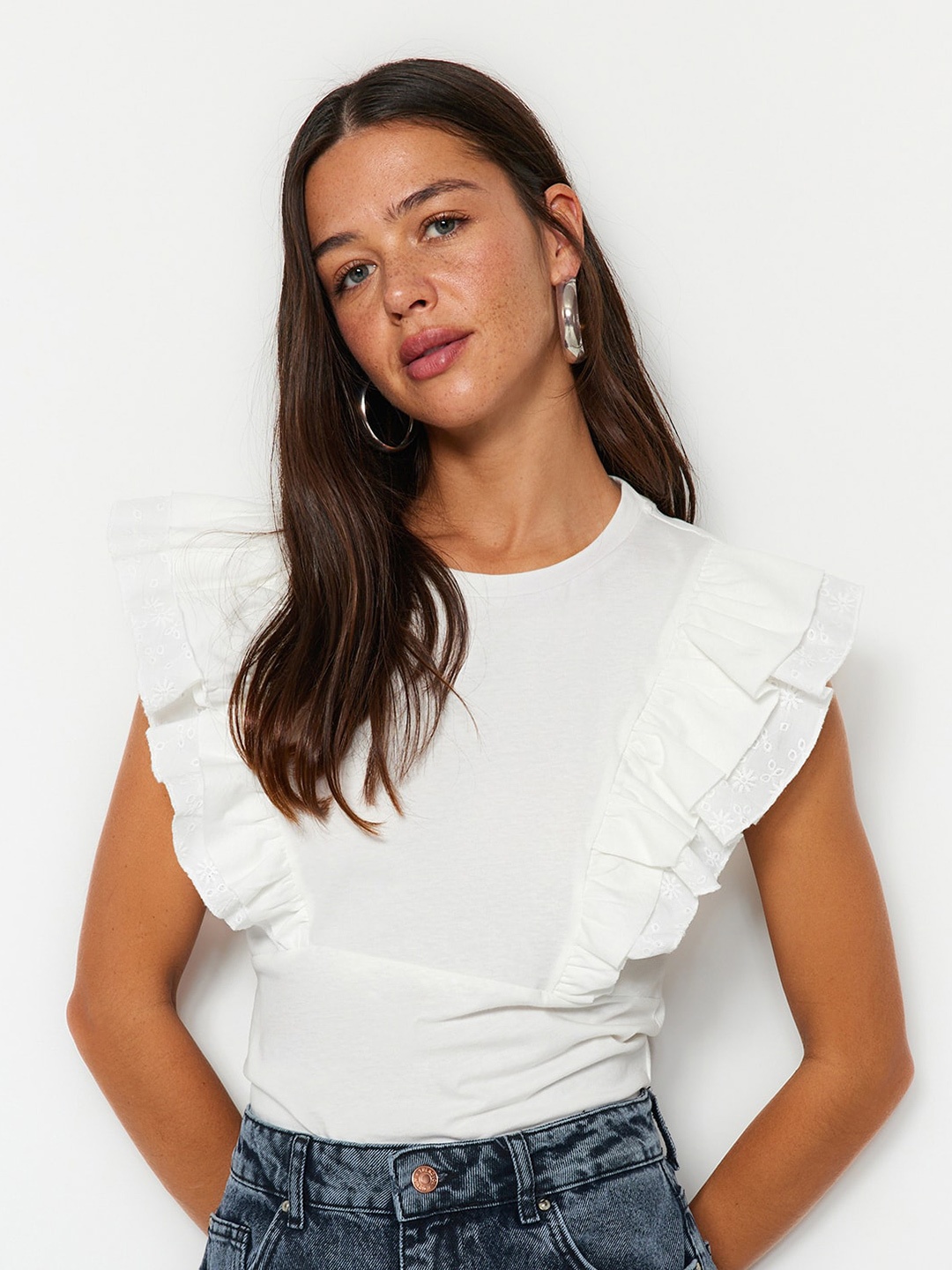 

Trendyol Round Neck Ruffled Pure Cotton Top, White