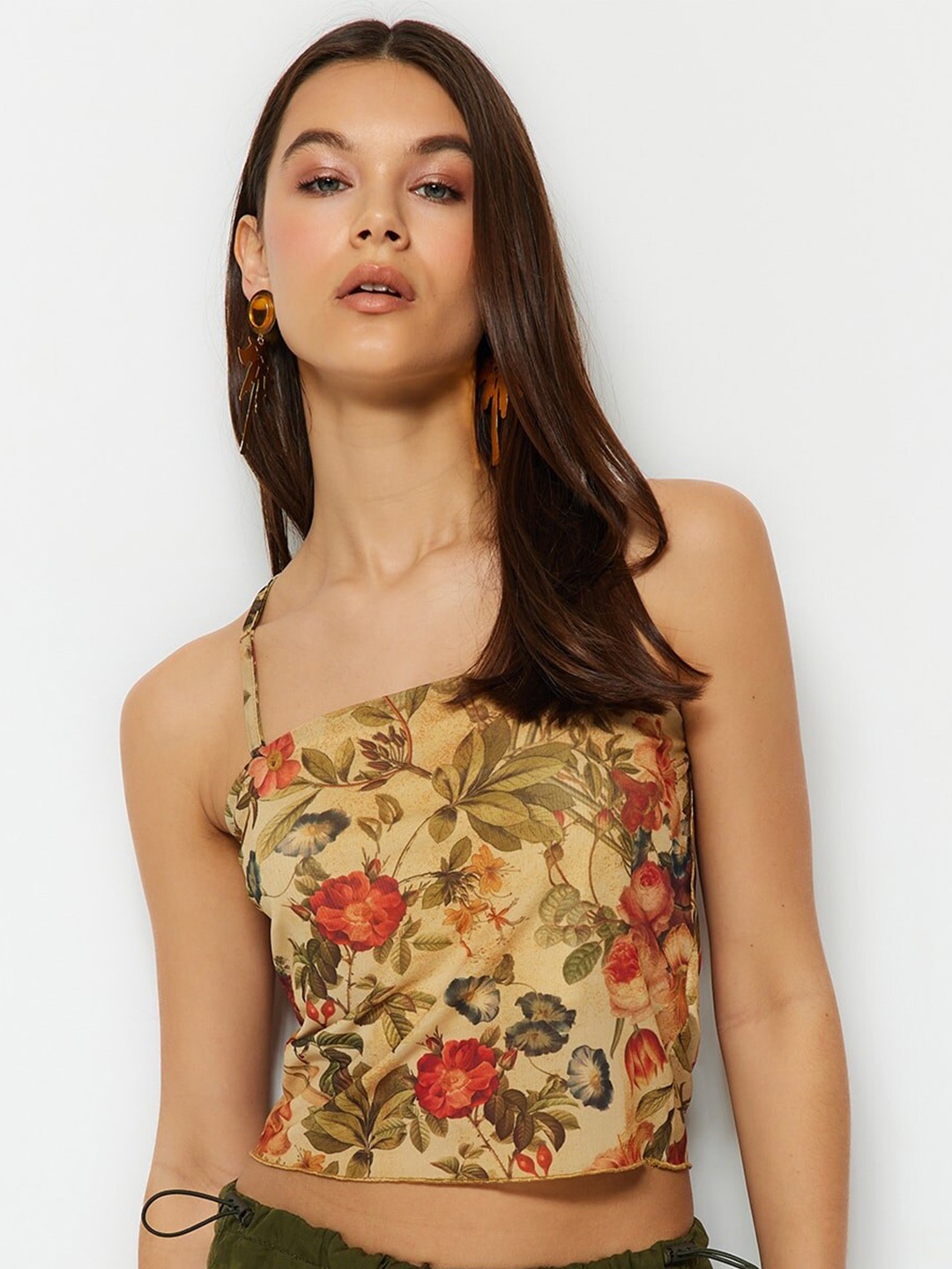 

Trendyol Floral Printed Shoulder Straps Fitted Crop Top, Green