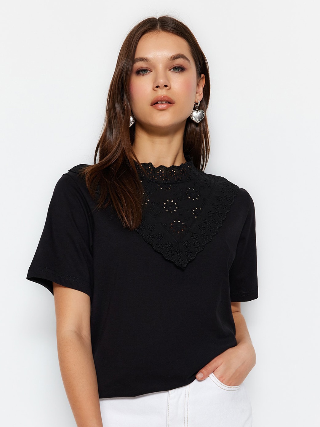 

Trendyol Pure Cotton Round Neck Top, Black