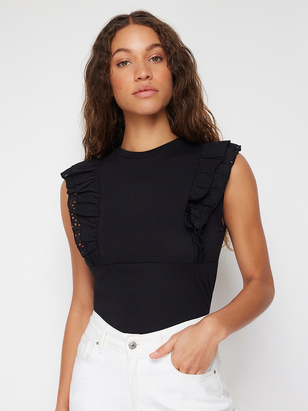 

Trendyol Round Neck Ruffled Pure Cotton Top, Black