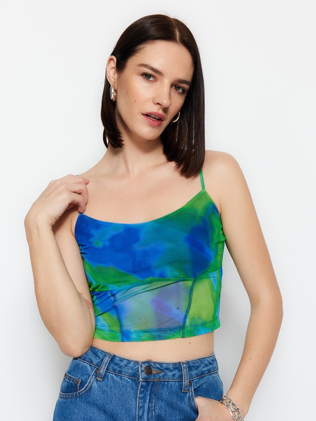 

Trendyol Abstract Printed Shoulder Straps Crop Corset Top, Blue