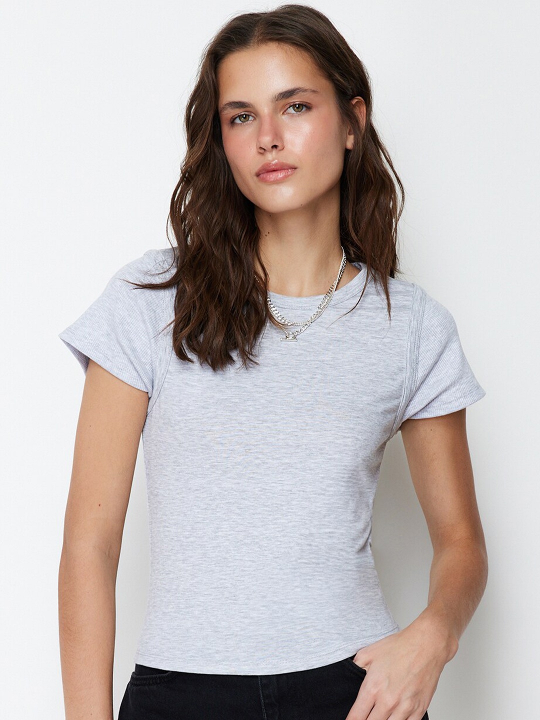 

Trendyol Round Neck Short Cap Sleeves Cotton Top, Na