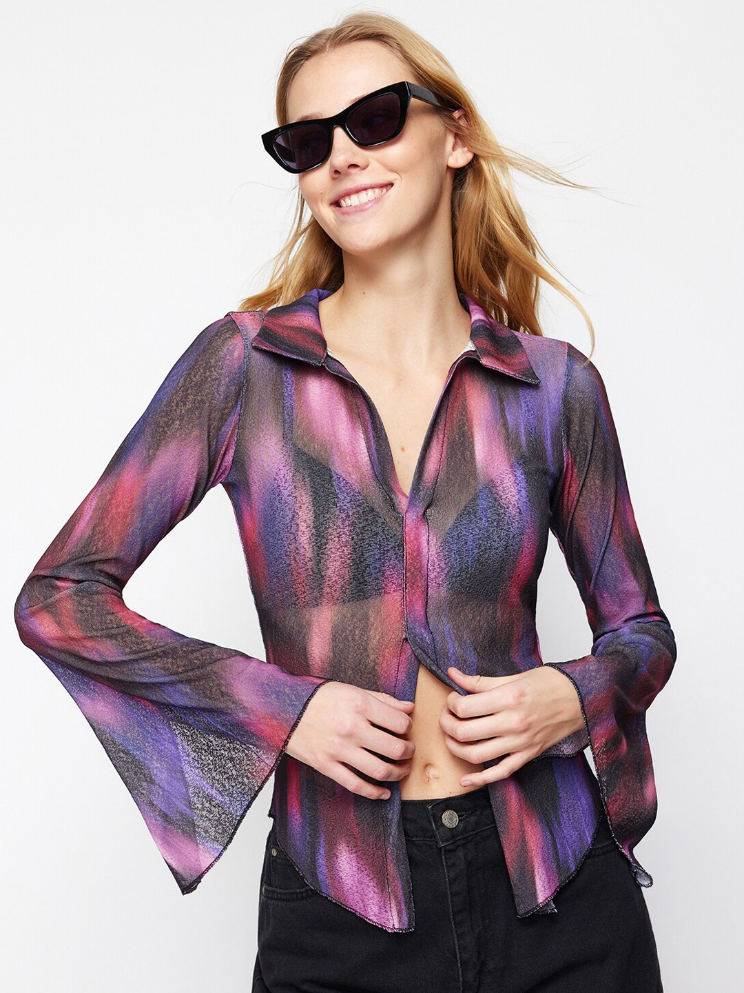 

Trendyol Tie and Dye Bell Sleeves Sheer Shirt Style Top, Black