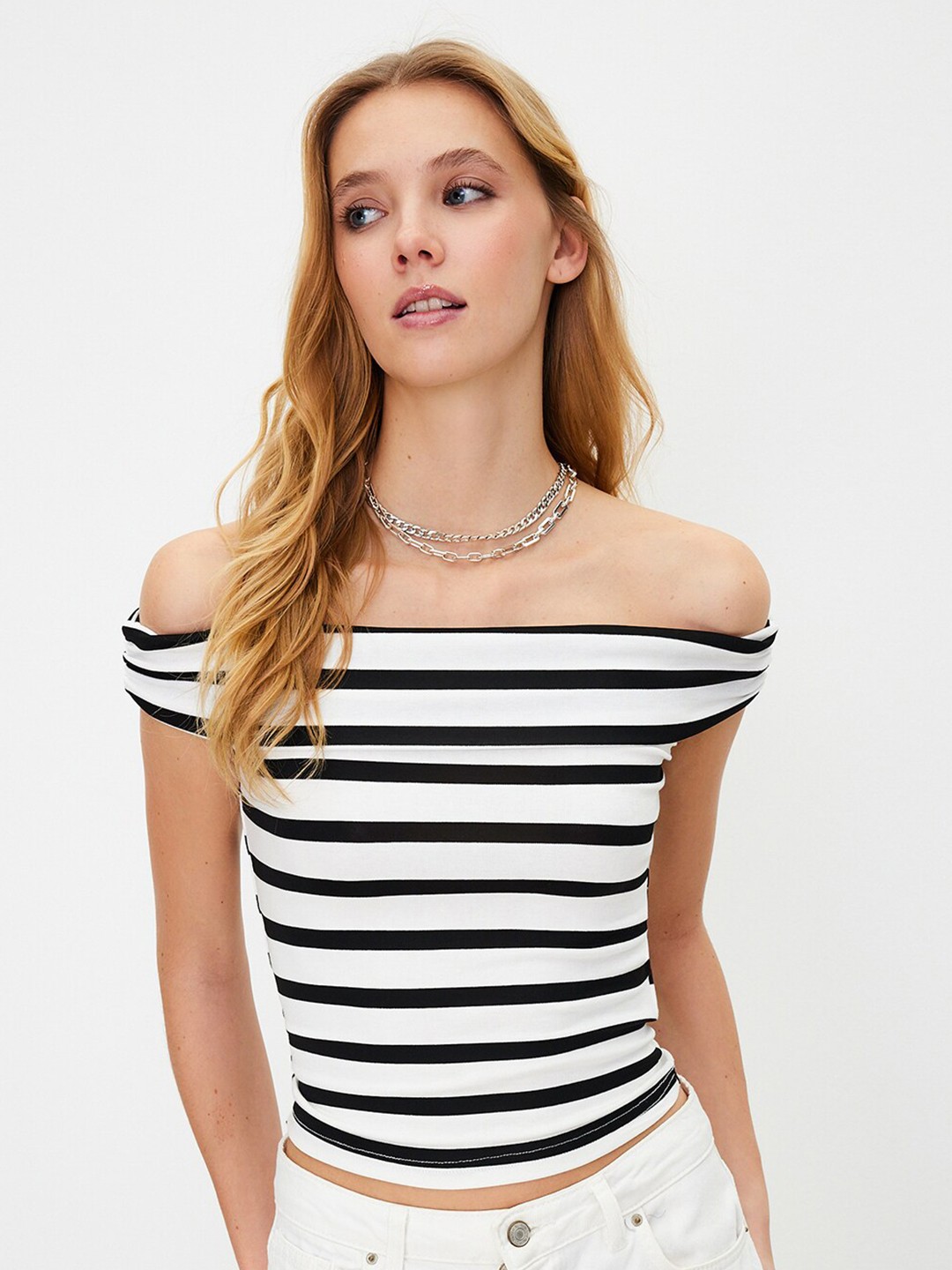 

Trendyol Striped Off-Shoulder Bardot Top, White