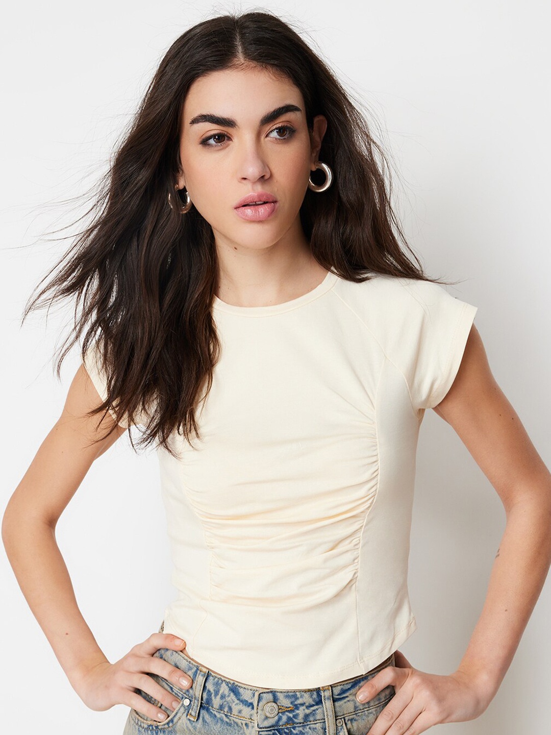 

Trendyol Round Neck Gathered Cotton Crop Top, Cream