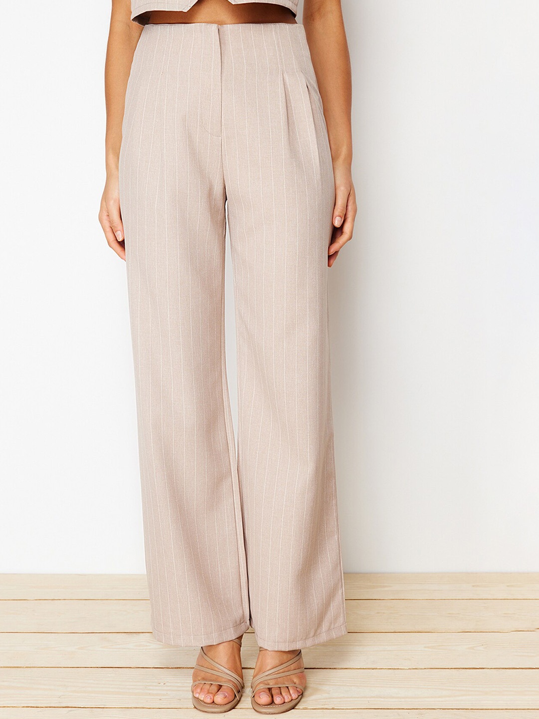 

Trendyol Women Striped Parallel Trousers, Beige