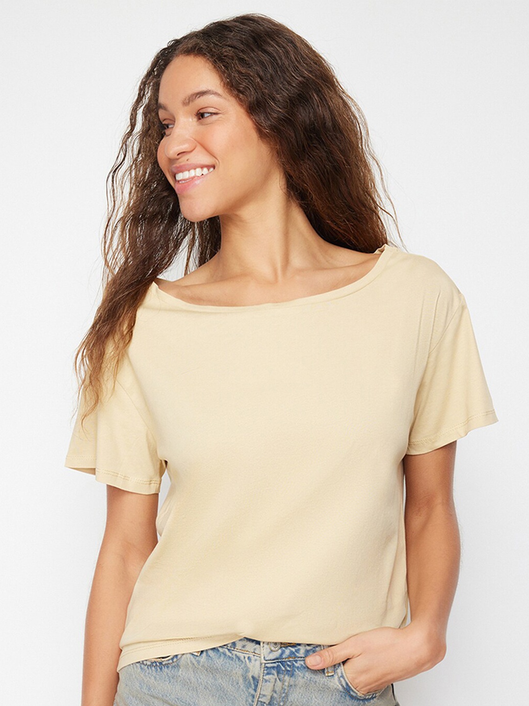 

Trendyol Boat Neck Short Sleeves Cotton T-shirt, Beige