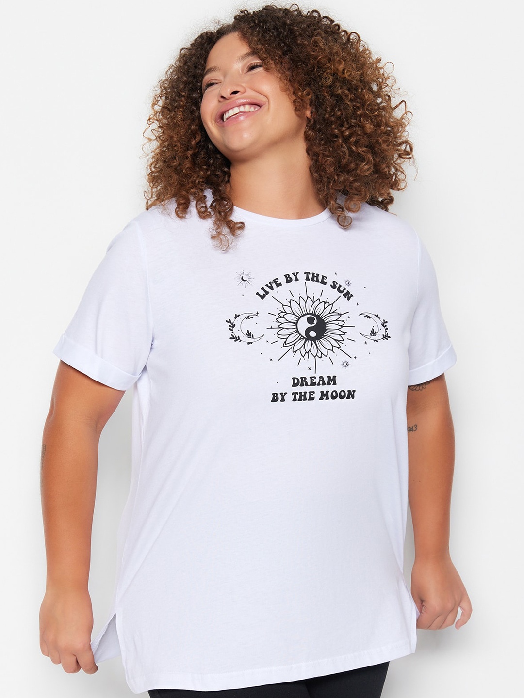 

Trendyol Typography Printed Round Neck Longline Cotton T-shirt, White