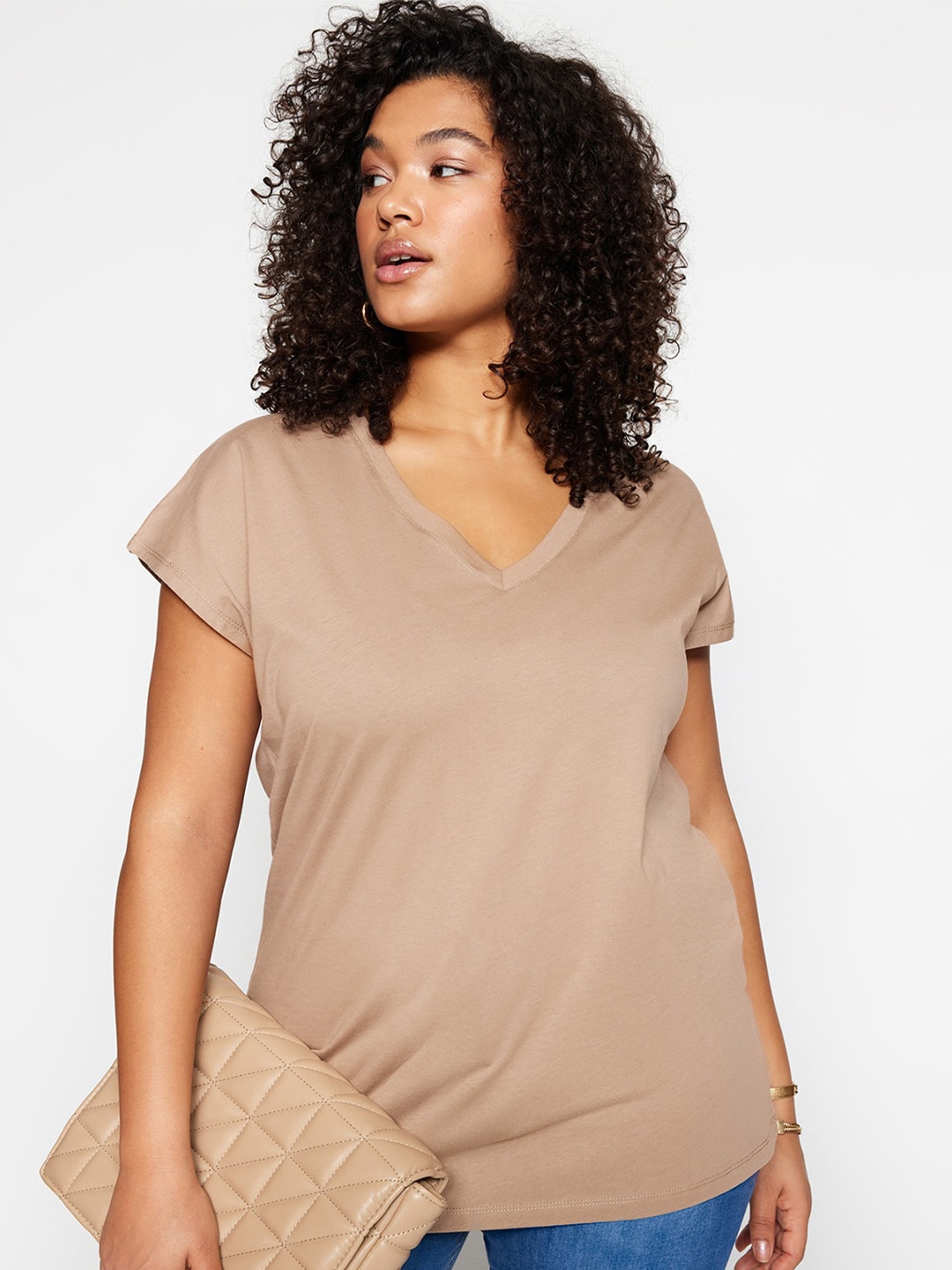 

Trendyol V-Neck Cotton Cap Sleeves T-shirt, Beige