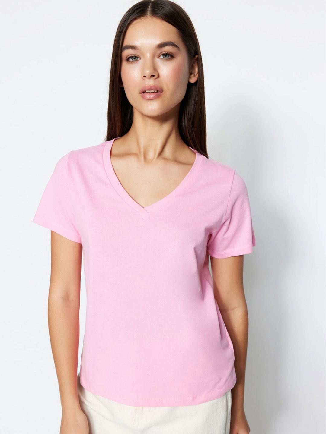 

Trendyol V-Neck Short Sleeves Cotton T-shirt, Pink