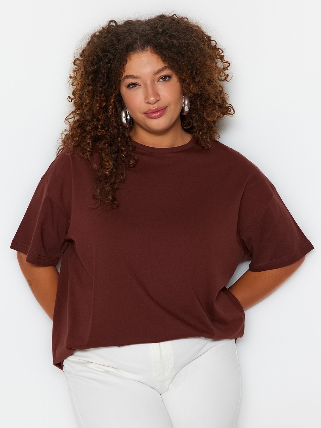 

Trendyol Round Neck Cotton Oversized T-shirt, Brown