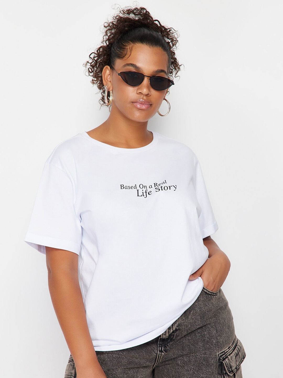 Trendyol Typography Printed Round Neck Cotton T-shirt, Na