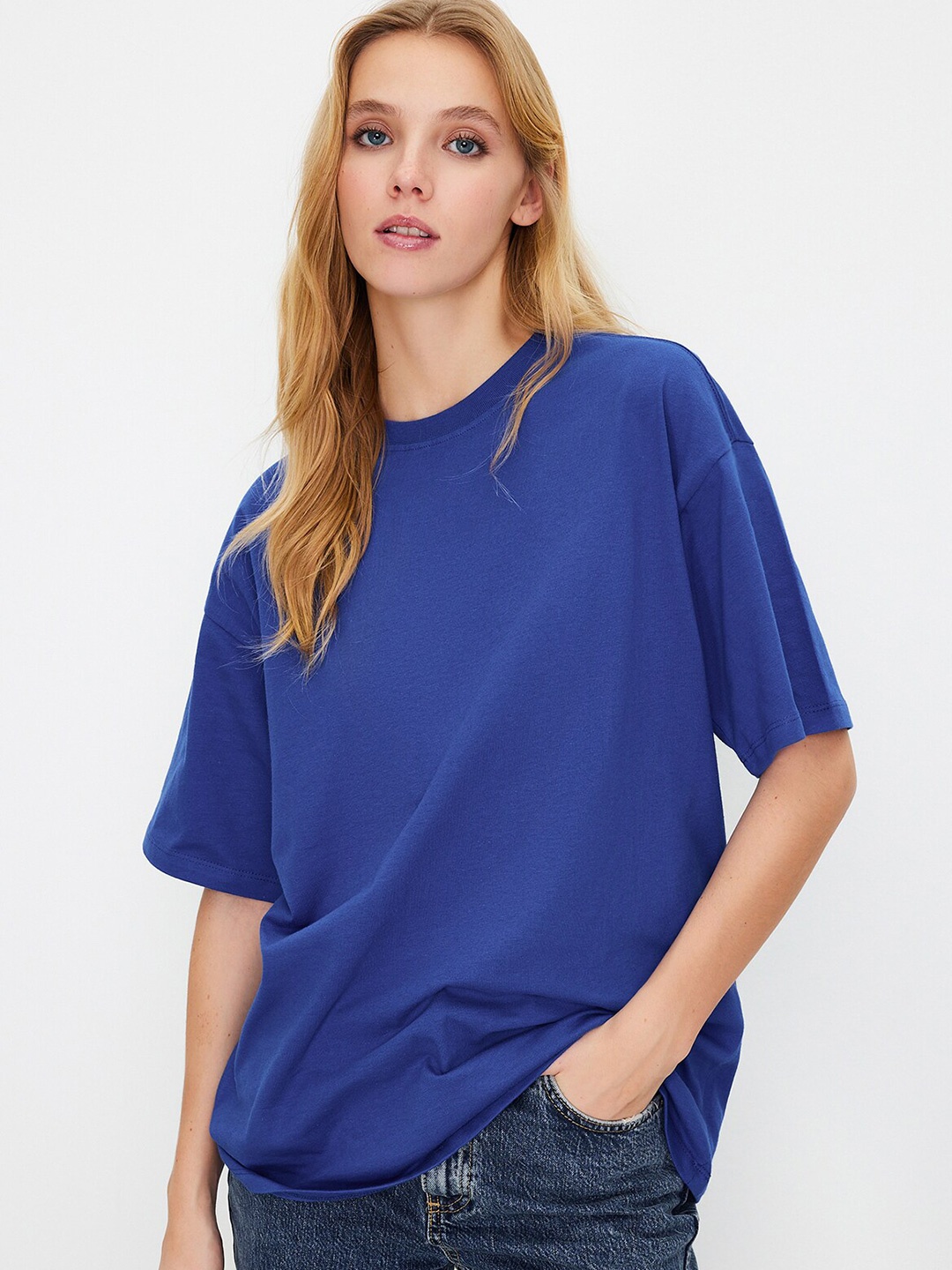 

Trendyol Round Neck Cotton T-shirt, Blue