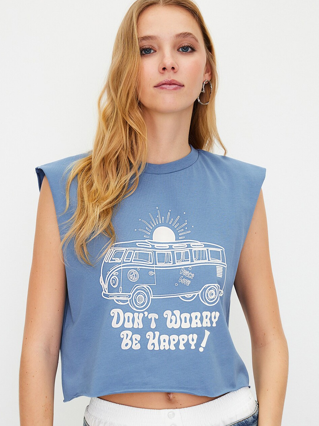 

Trendyol Typography Printed Round Neck Cotton T-shirt, Blue