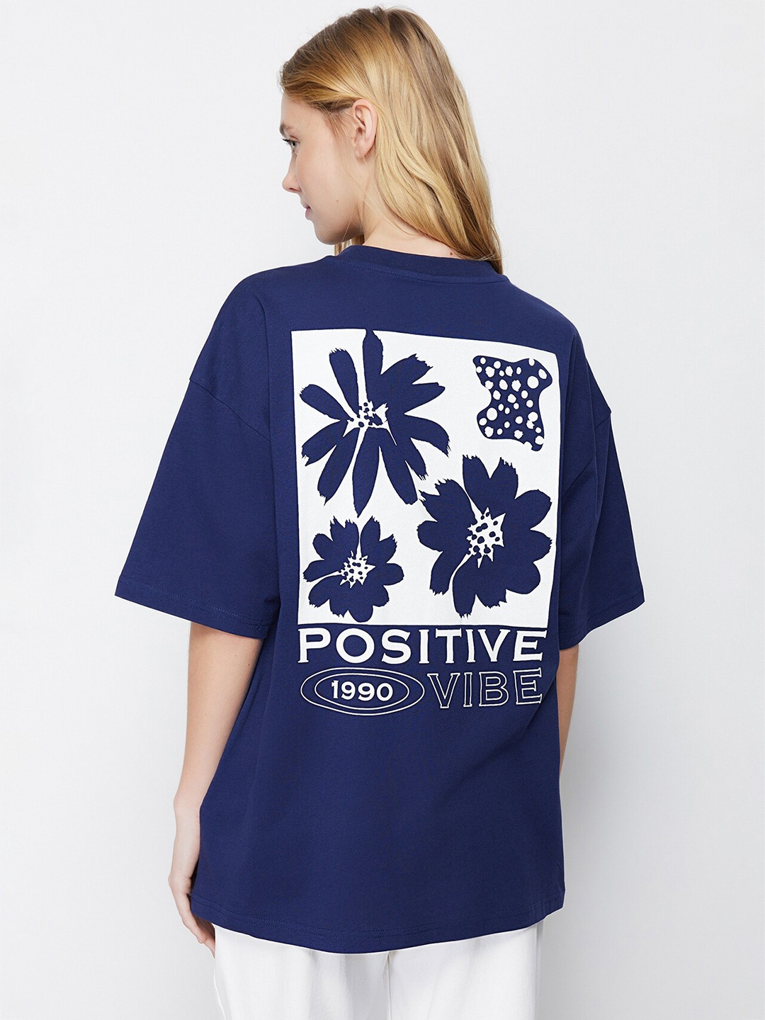 

Trendyol Floral Printed Cotton Oversized T-shirt, Blue