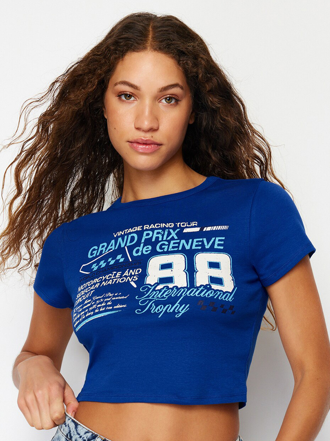 

Trendyol Typography Printed Round Neck Cotton Crop T-shirt, Blue