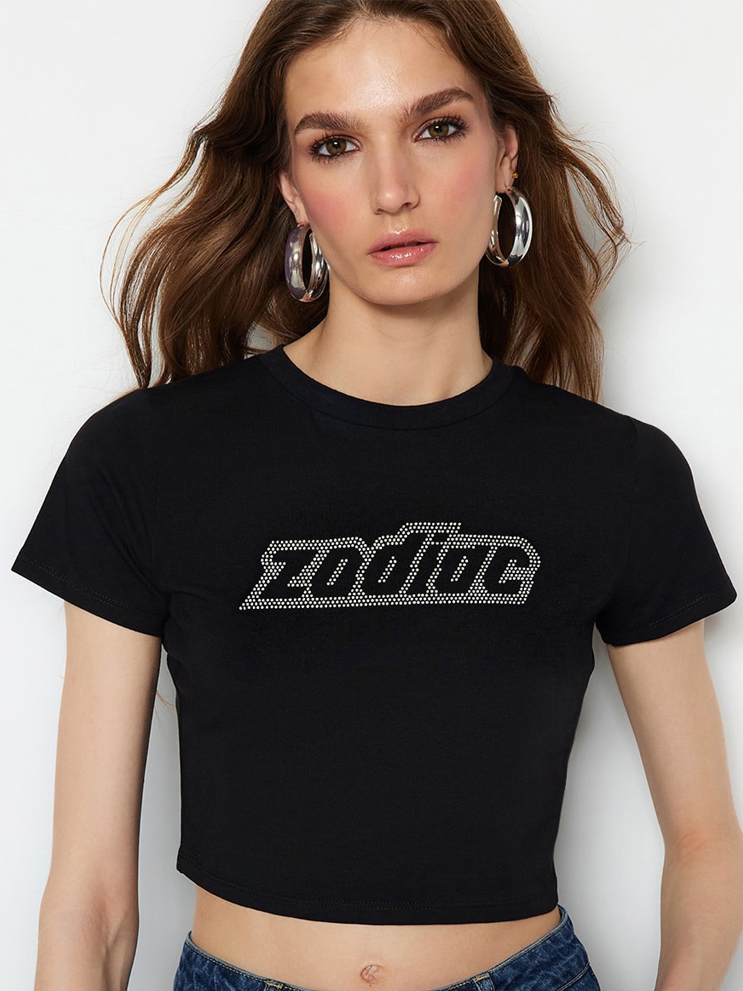 

Trendyol Typography Printed Embellished Cotton Crop T-shirt, Black