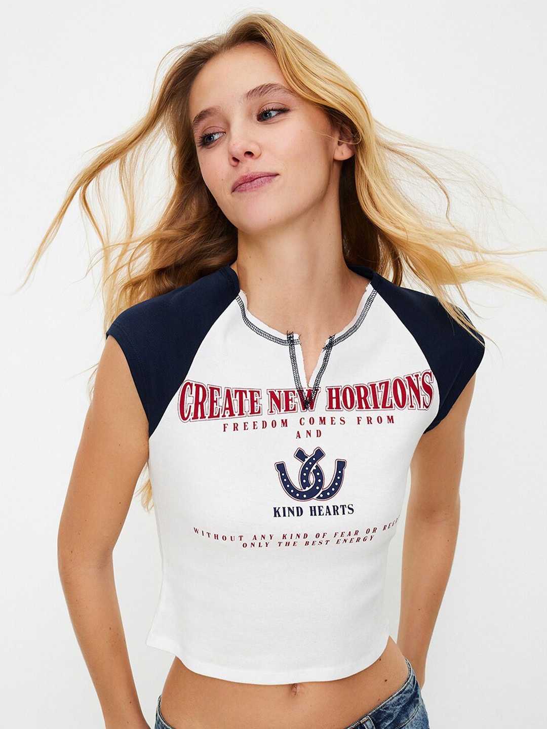 Trendyol Women Typography Printed V-Neck T-shirt, Na