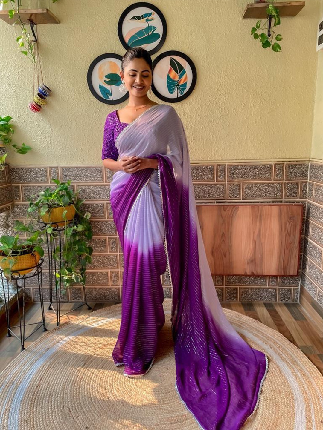 

Jinal & Jinal Striped Saree, Purple