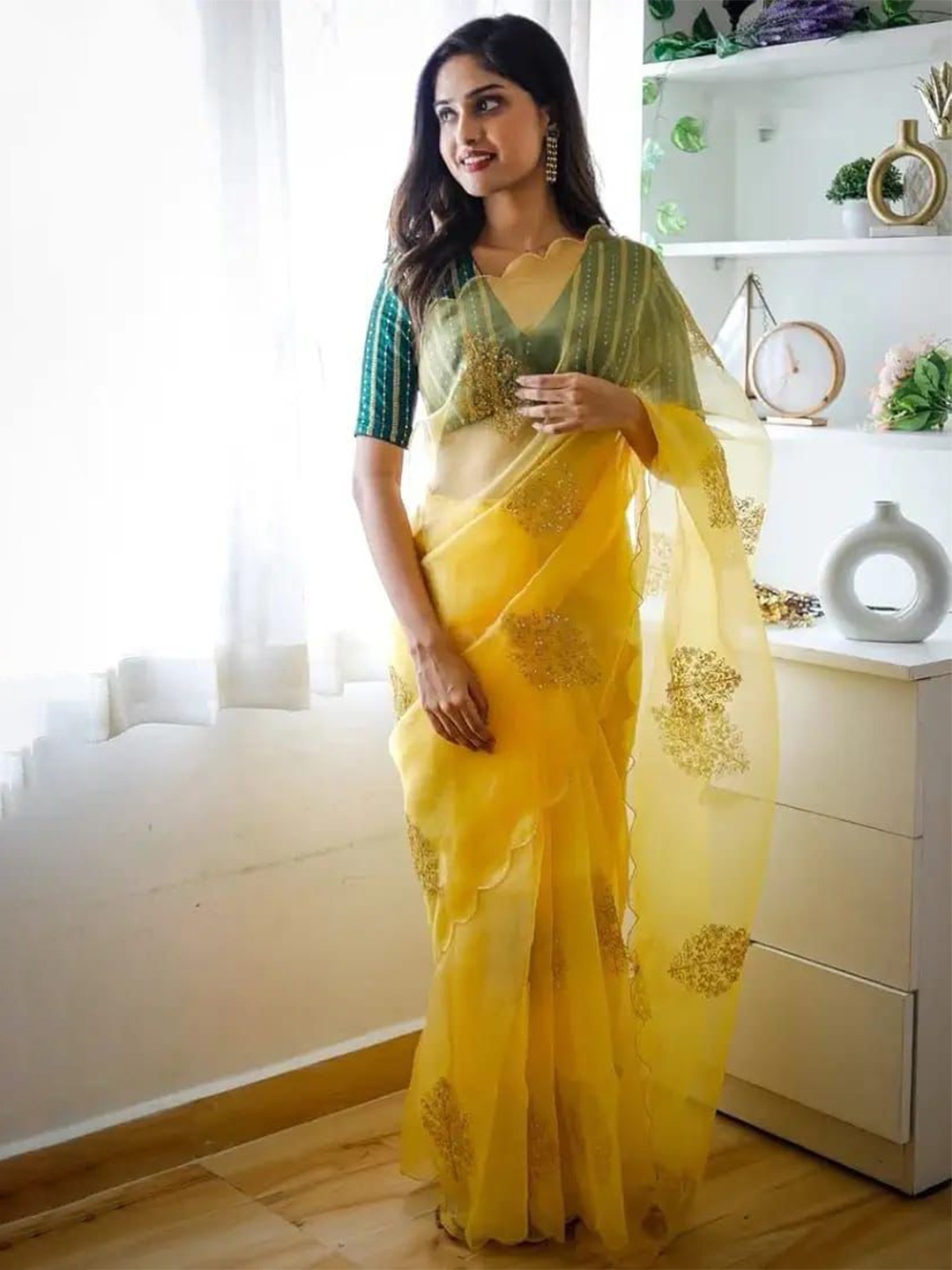 

Jinal & Jinal Floral Embroidered Organza Saree, Yellow