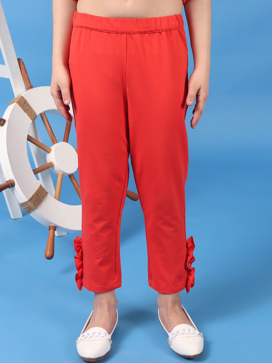 

One Friday Girls Cotton Ankle Leggings With Elasticated Waistband, Red