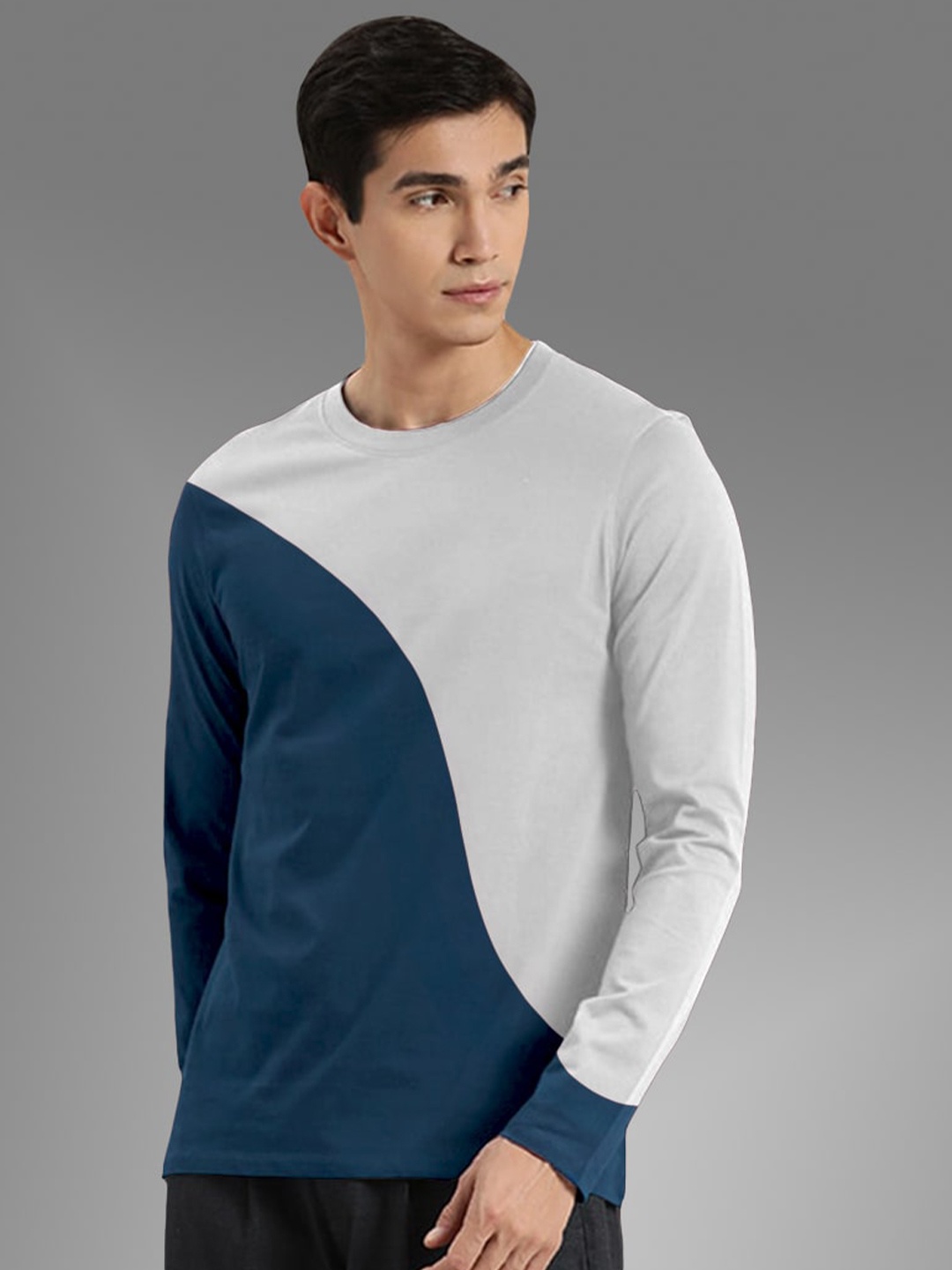 

BAESD Colourblocked Round Neck Cotton Raw Edge T-shirt, Blue