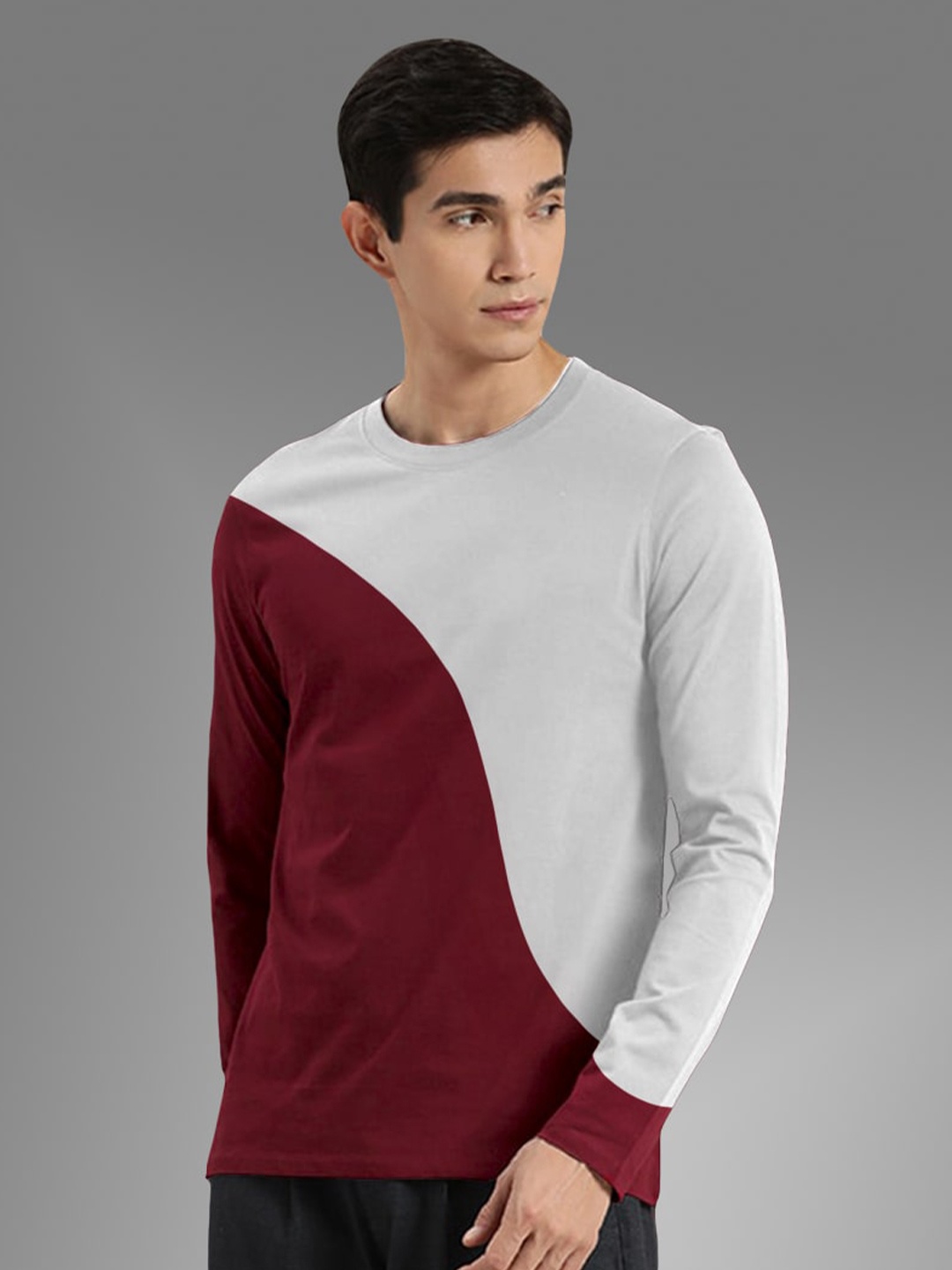 

BAESD Colourblocked Round Neck Cotton T-shirt, Maroon