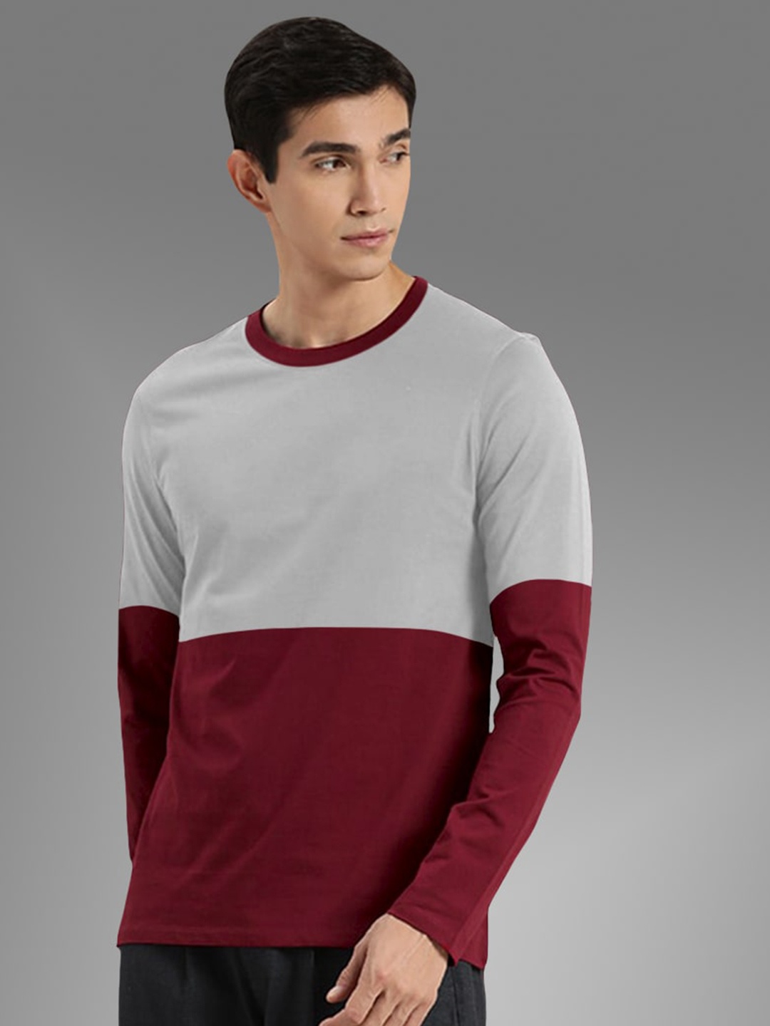 

BAESD Colourblocked Round Neck Cotton T-shirt, Maroon