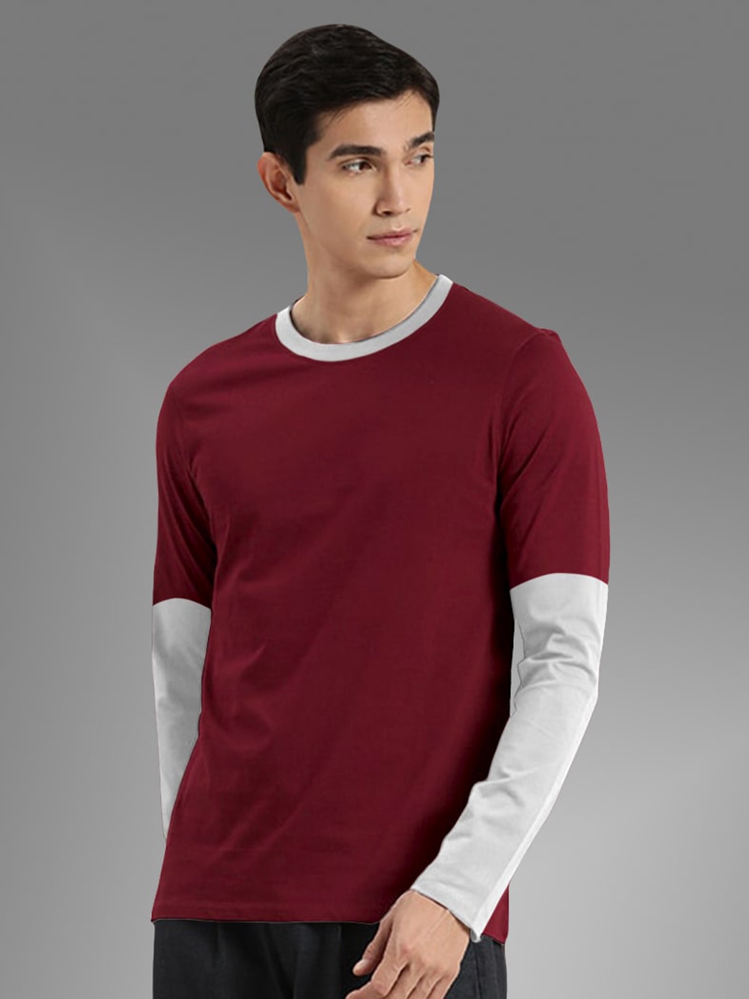 

BAESD Colourblocked Round Neck Cotton T-shirt, Maroon