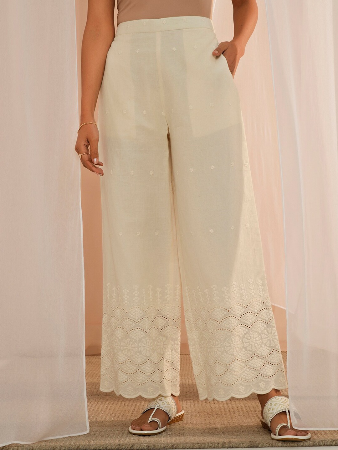 

Libas Women Cotton Floral Embroidered Palazzos, Off white