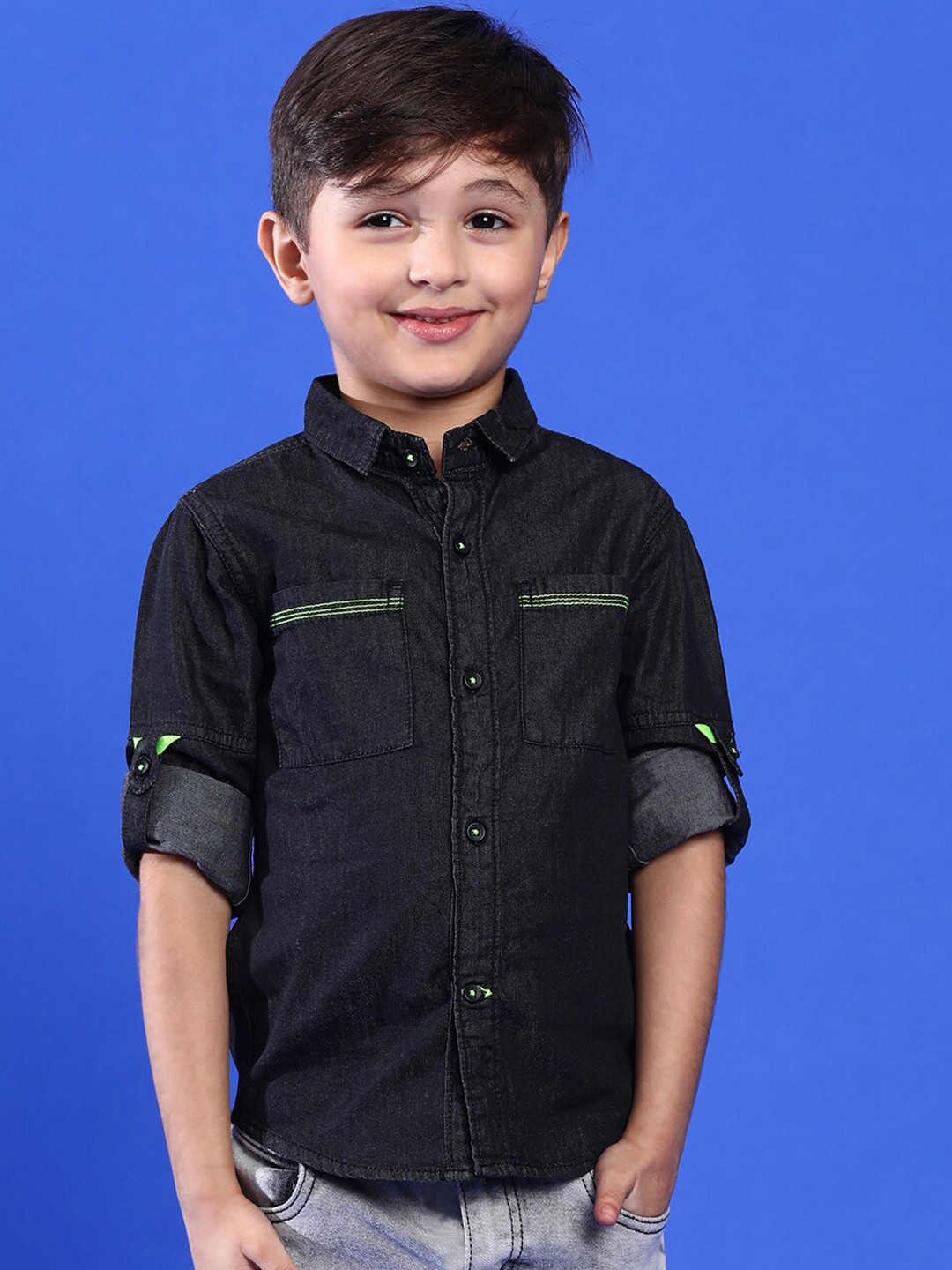 

TALES & STORIES Boys Roll-Up Sleeves Cotton Denim Casual Shirt, Black