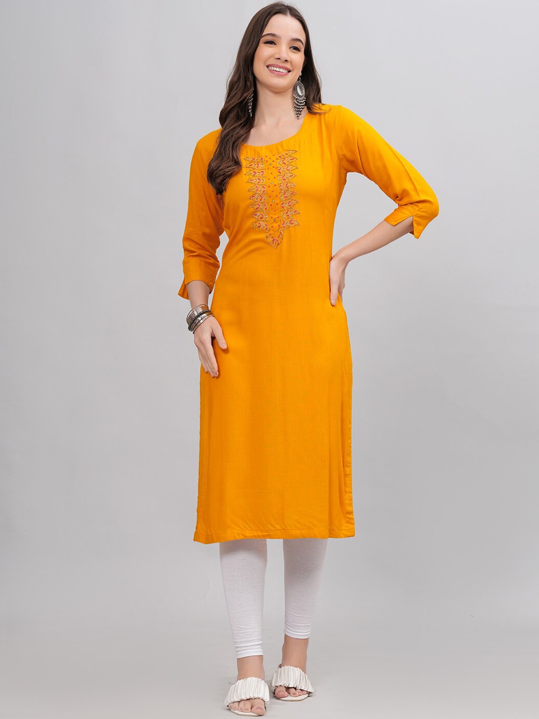 

JC4U Floral Yoke Design Round Neck Kurta, Yellow