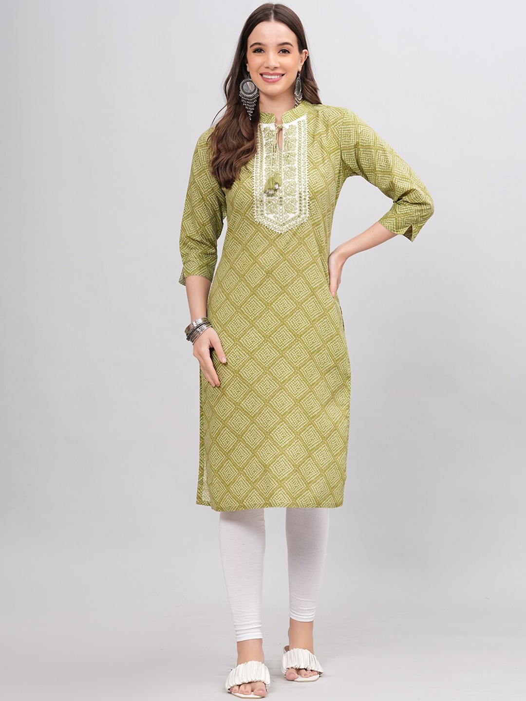 

KALINI Bandhani Printed Tie Up Neck Mirror Work Kurta, Green