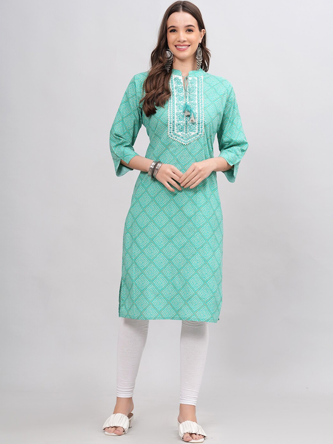 

KALINI Bandhani Printed Tie Up Neck Mirror Work Kurta, Green