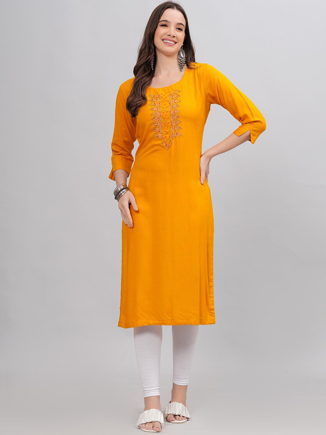 KALINI Floral Yoke Design Mirror Work Kurta, Yellow