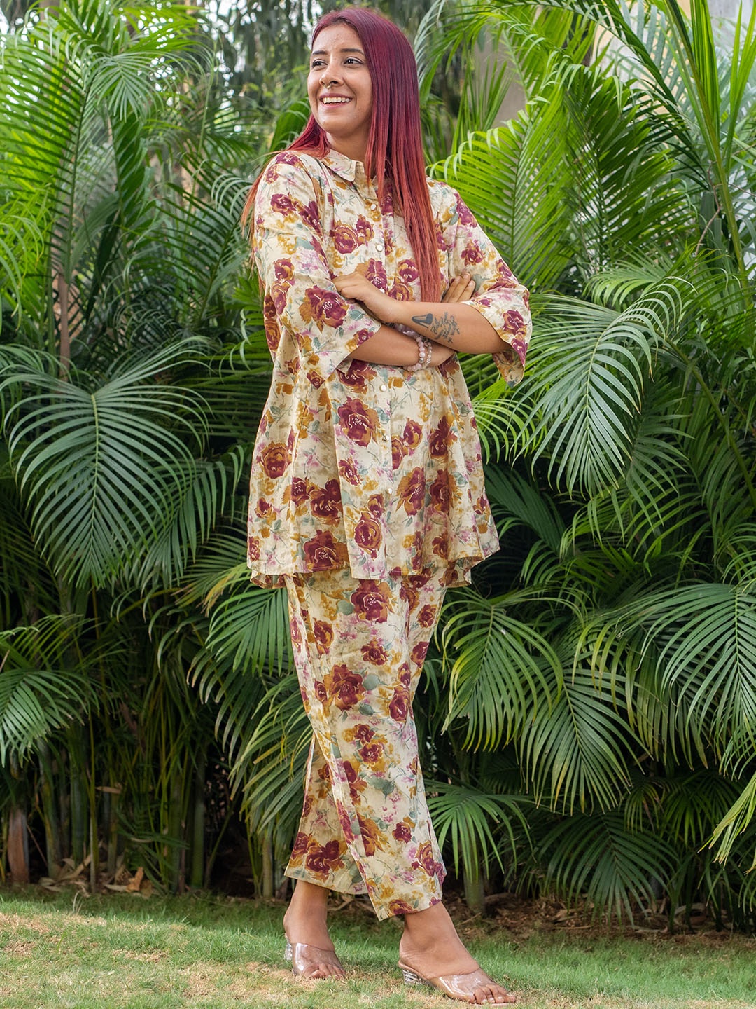 

Libas Floral Printed Tunic & Trousers Co-Ords Set, Beige