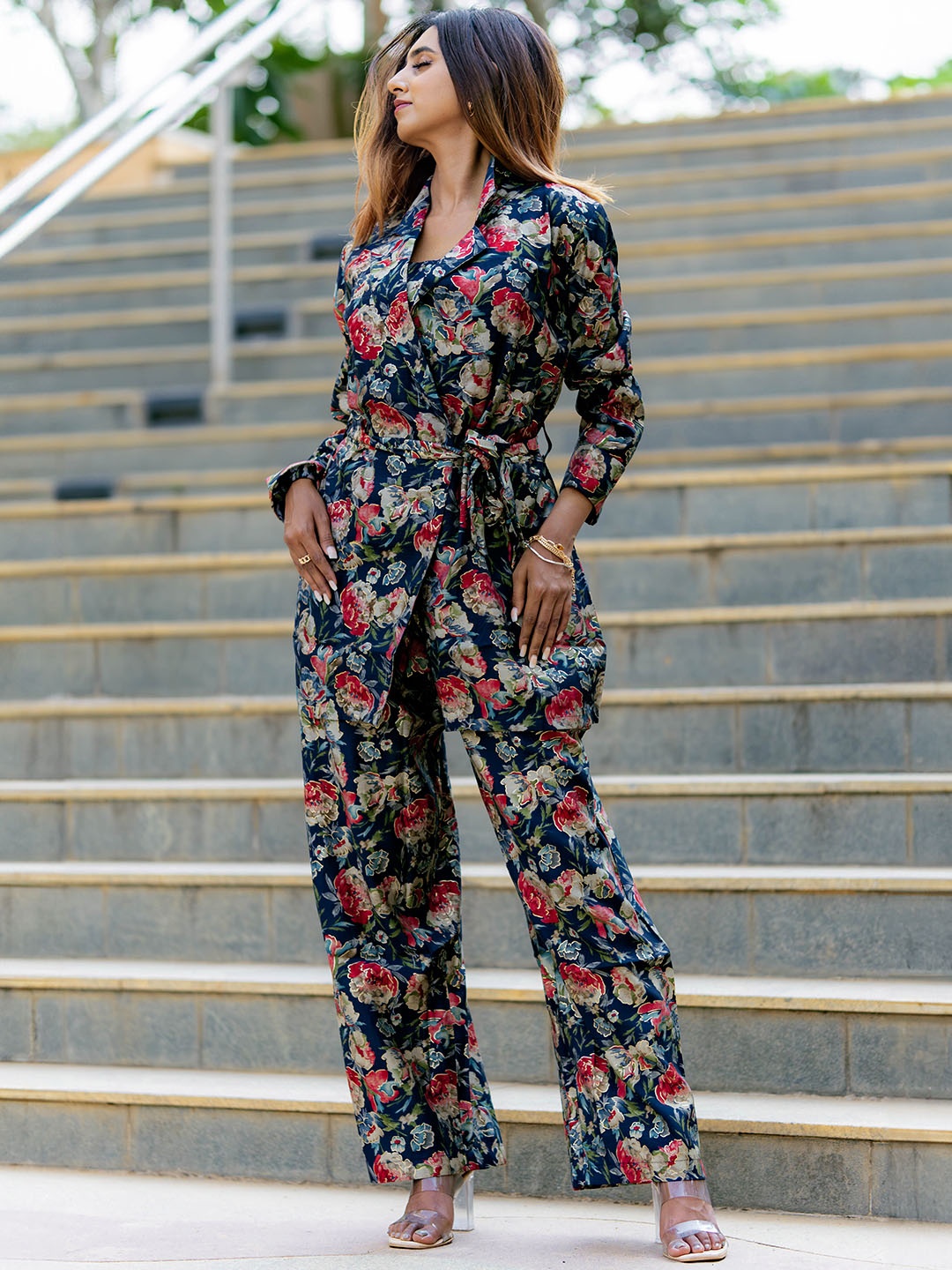 

Libas Floral Printed Top & Palazzos with Jacket & Waistbelt Co-Ords Set, Navy blue