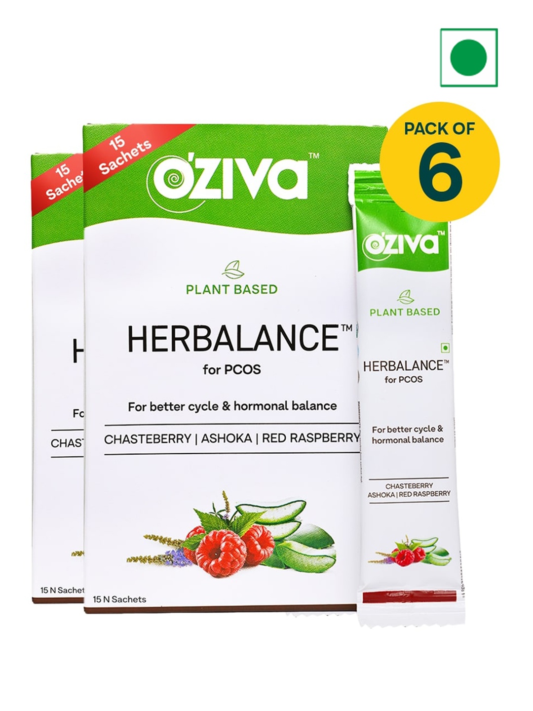 

OZiva Set of 6 PlantBased HerBalance Powder for PCOS with Ashoka - 15 Sachets Per Pack, Green