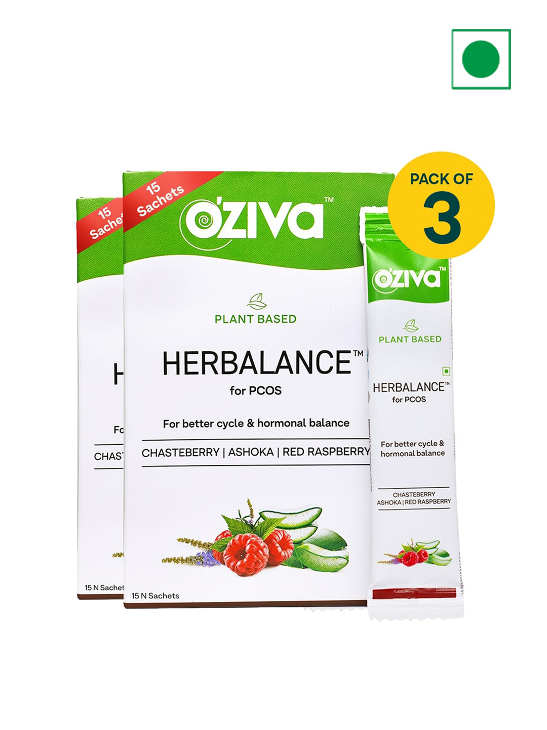 

OZiva Set of 3 PlantBased HerBalance Powder for PCOS with Ashoka - 15 Sachets Per Pack, Green