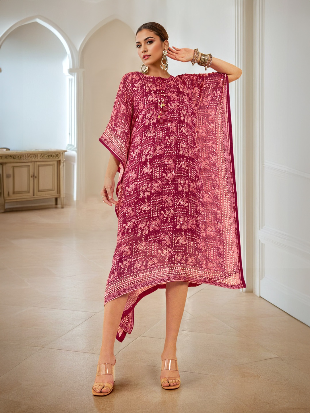 

Soch Embellished Tie-Up Neck Kaftan Ethnic Dress, Pink