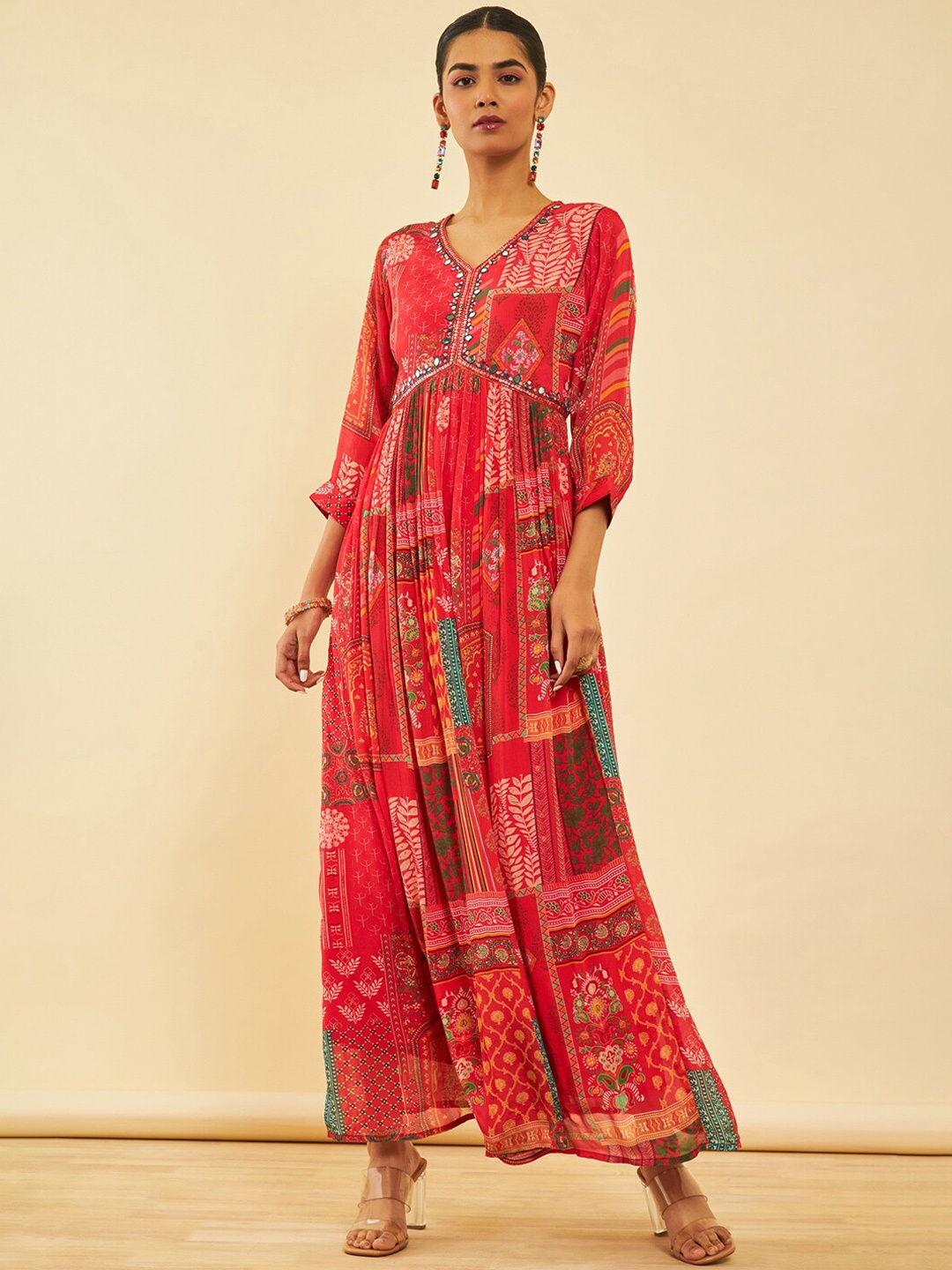 

Soch Ethnic Motifs Printed Mirror Work Maxi Ethnic Dress, Peach