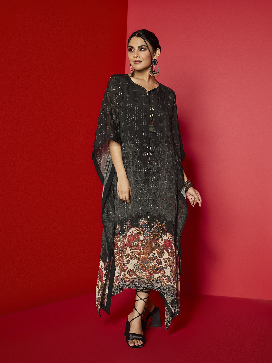 

Soch Embellished Kaftan Midi Ethnic Dress, Black