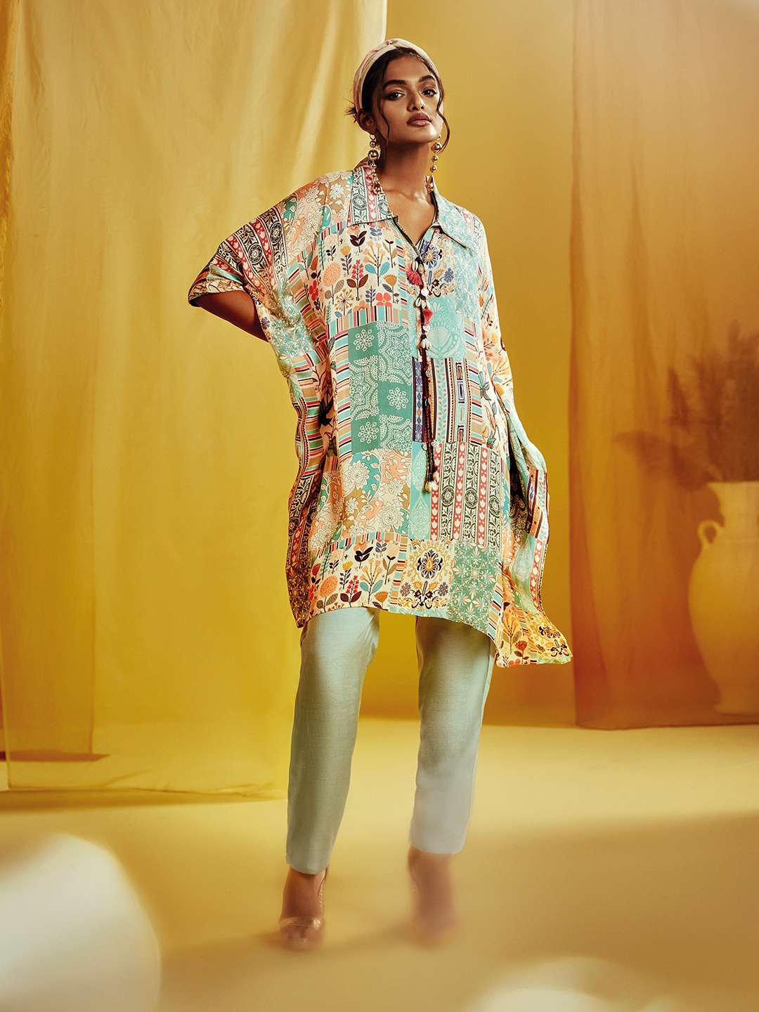 

Soch Blue Floral Printed Pure Cotton Kaftan Kurta With Inner & Trouser