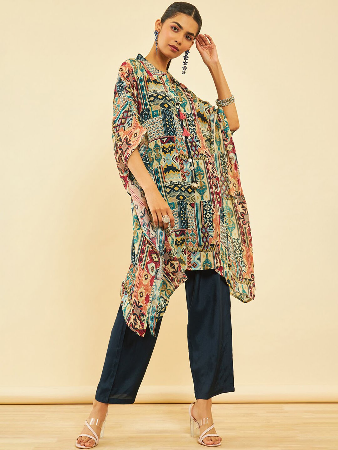 

Soch Women Abstract Printed Kaftan Pure Cotton Top With Trousers, Blue