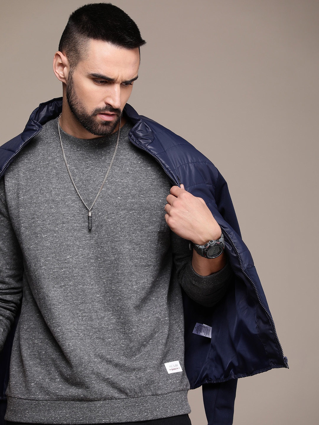 

Roadster Men Self Design T-shirt, Charcoal