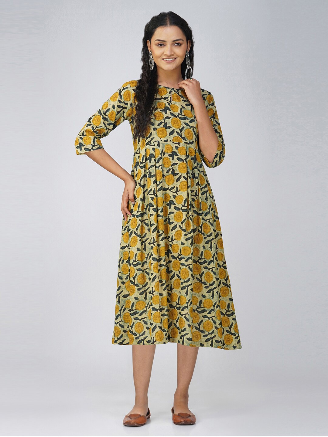 

SPARSA Floral Printed Pure Cotton A-Line Dress, Green