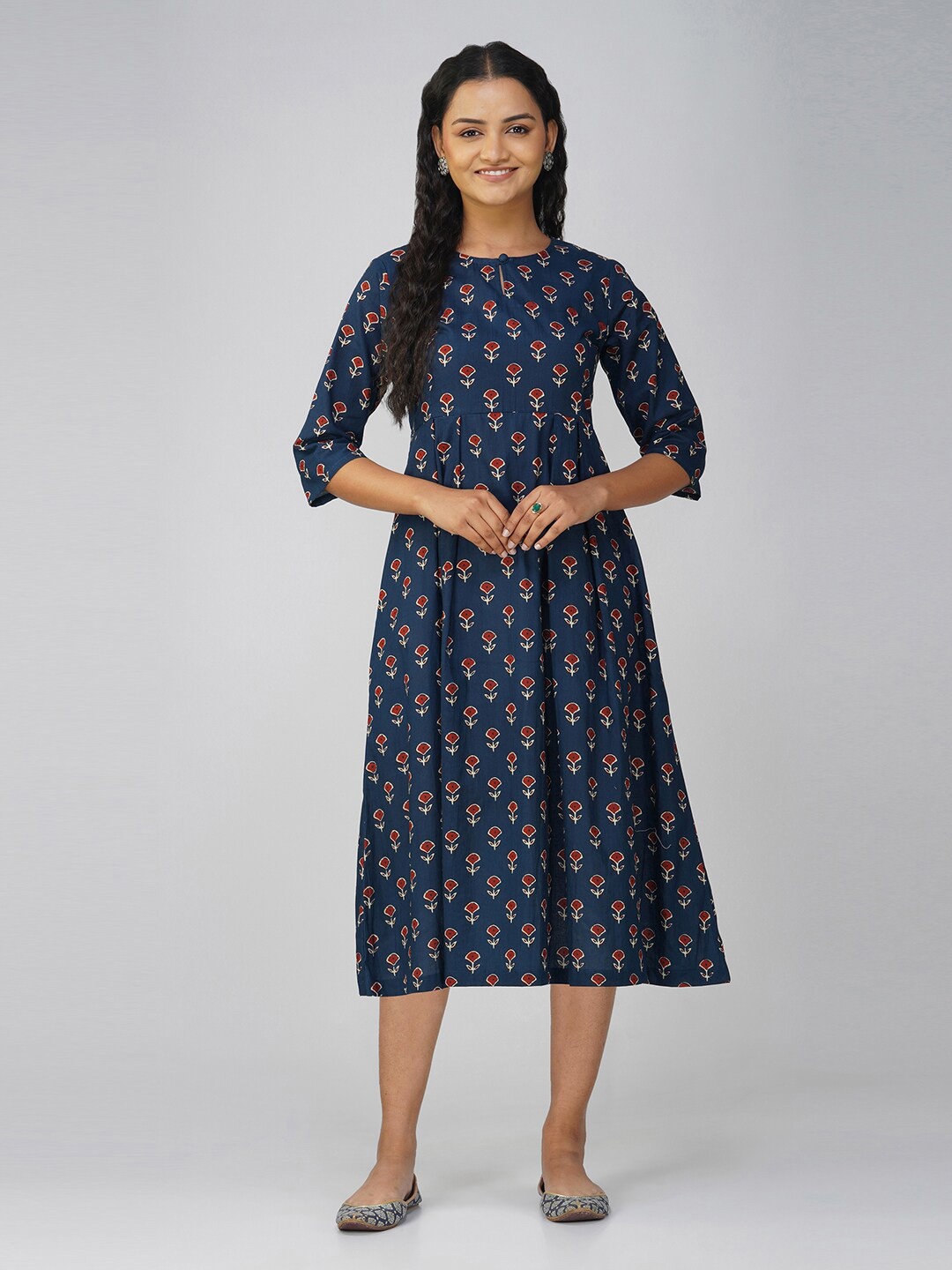 

SPARSA Floral Printed Gathered Detail Pure Cotton A-Line Midi Dress, Navy blue