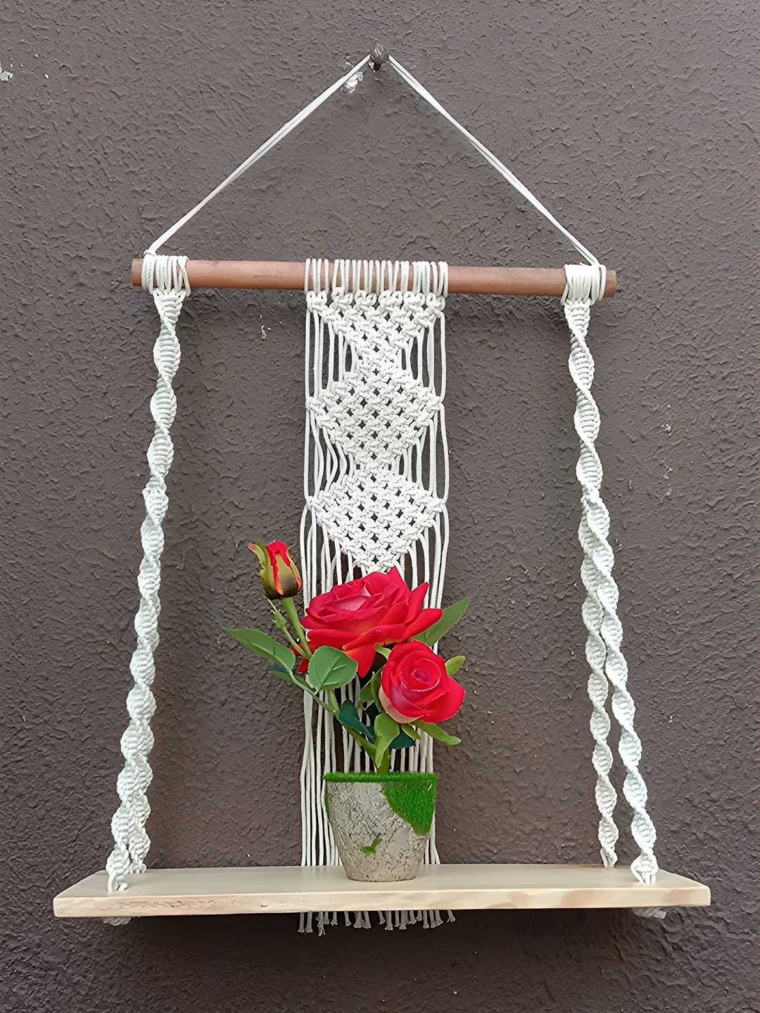 

VAH Kya Bat Hai !! Brown & White Macrame & Wood Hanging Wall Shelves