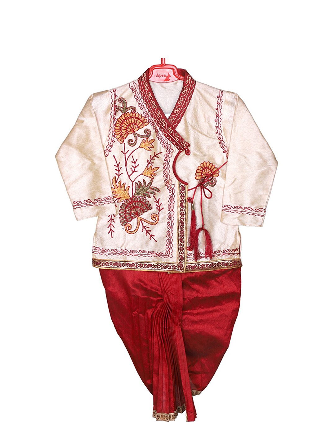 

BAESD Boys Embroidered V-Neck Ethnic Kurta With Dhoti Pants, Cream