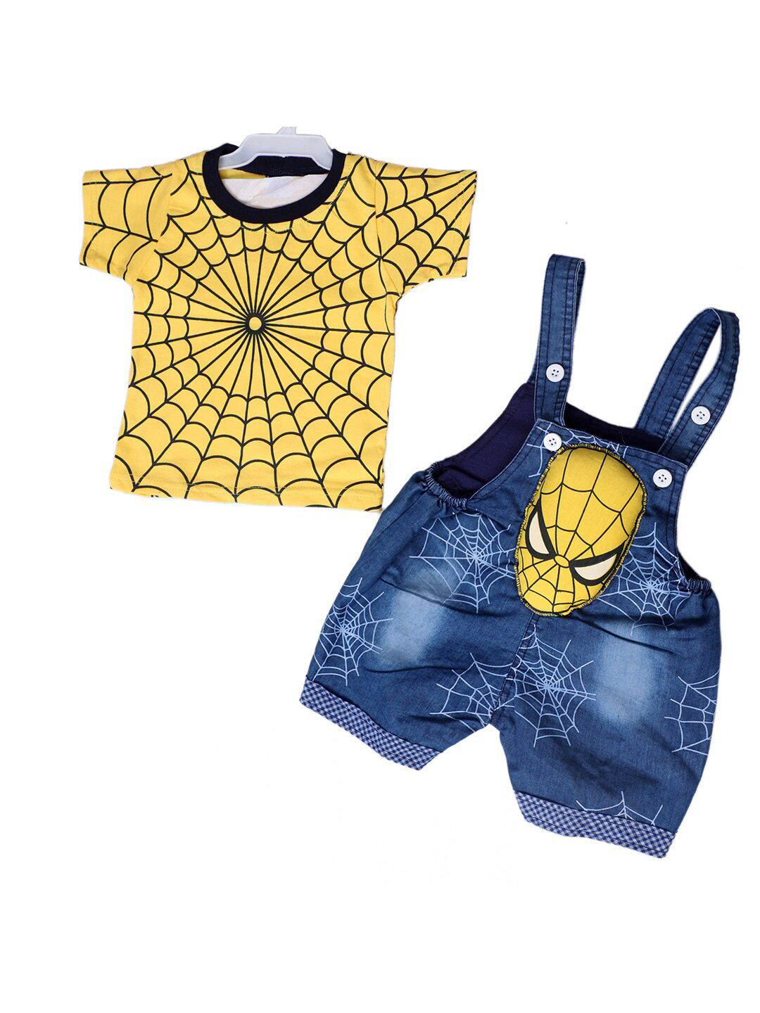 

BAESD Kids Spider Man Printed Denim Pure Cotton Dungaree With T-Shirt, Yellow